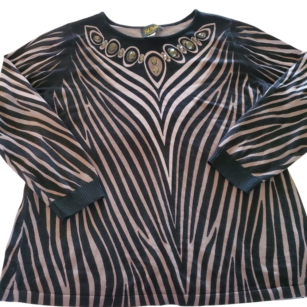 Bob Mackie Wearable Art Zebra Print Gemstone Embellished Sweater Black Taupe L